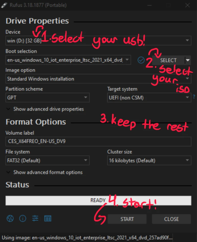 a screenshot of Rufus showing how the settings should look